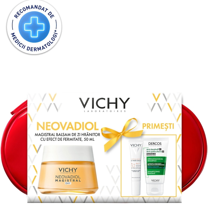 Комплект Vichy: Подхранващ дневен балсам Neovadiol Magistral с лифтинг ефект, 50 мл + Третиращ шампоан против пърхот Dercos, 50 мл + Защитен флуид Capital Soleil UV-AGE DAILY SPF50+, 15 мл