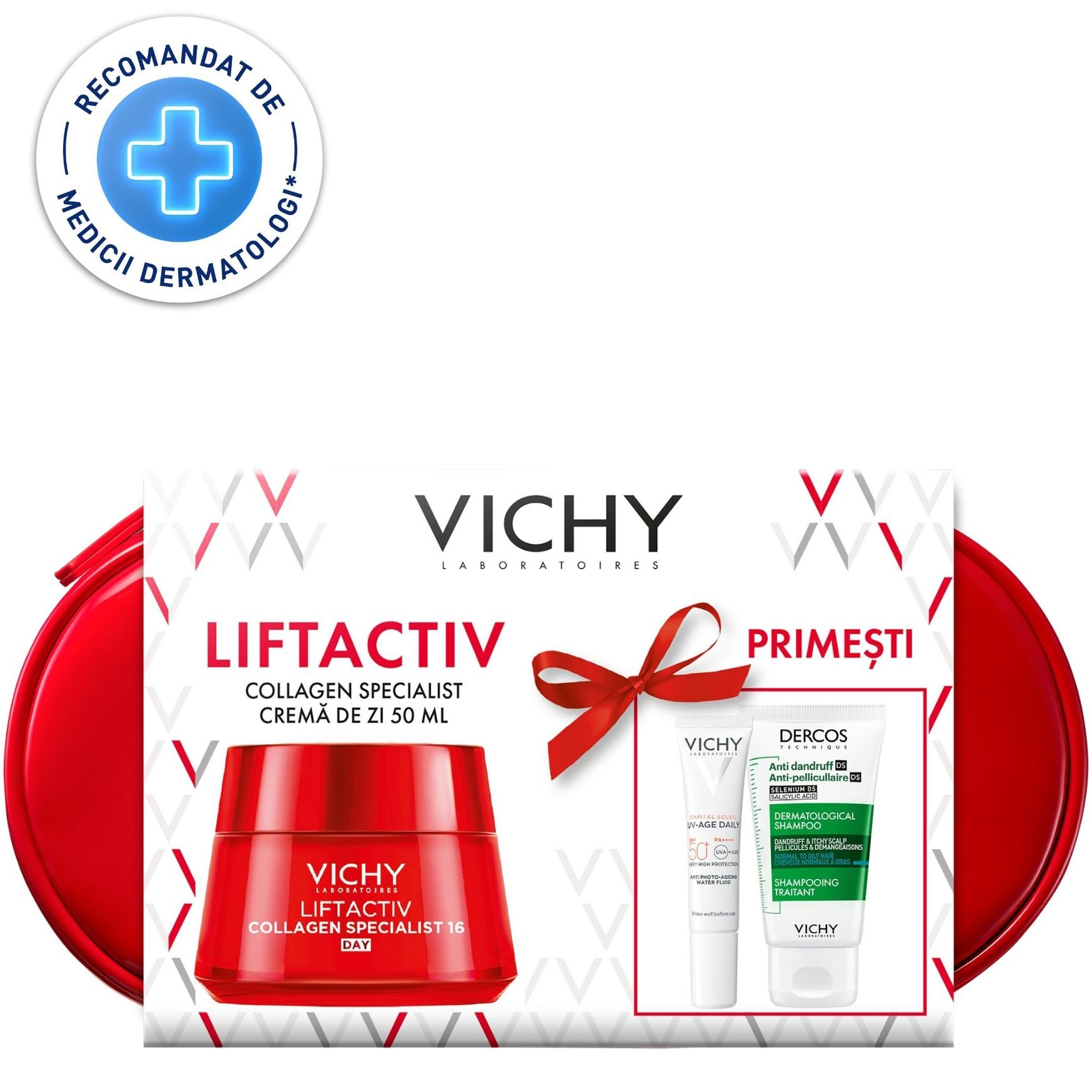 Vichy Trusa: Liftactiv Collagen Specialist 16 Crema de Zi pentru Toate Tipurile de Ten, 50 ml + Sampon Tratament Anti-Matreata Dercos, 50 ml + Fluid Protector Capital Soleil UV-AGE