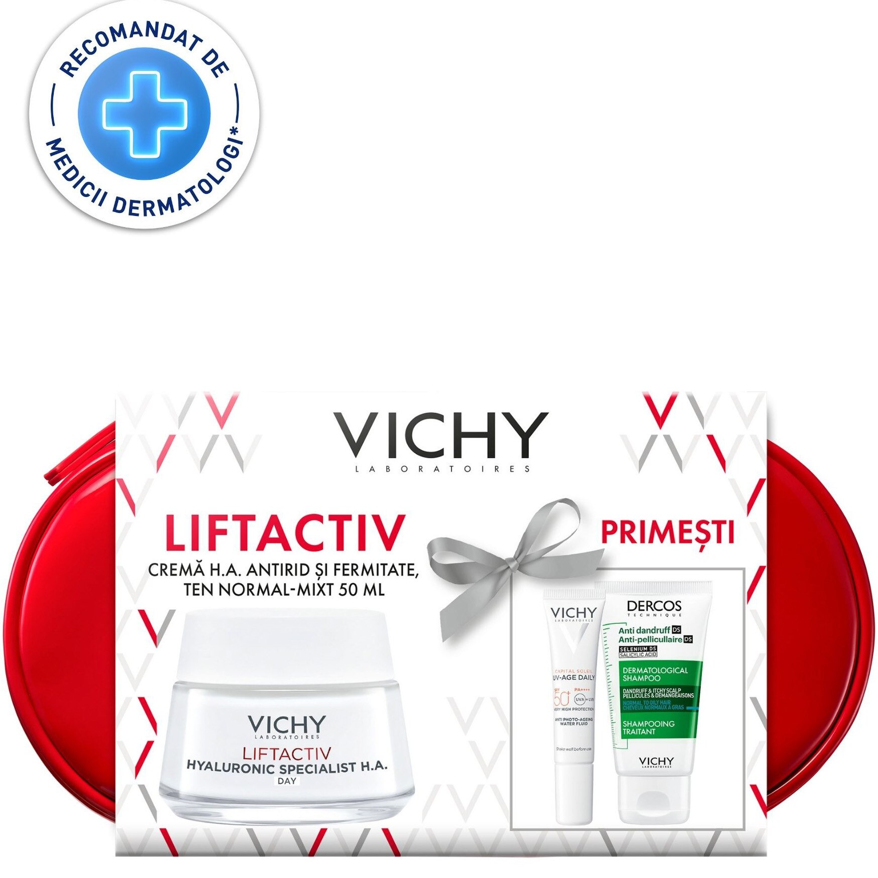 Vichy Trusa: Liftactiv Hyaluronic Specialist H.A. Crema Antirid de Zi pentru Ten Normal si Mixt, 50 ml + Sampon Tratament Anti-Matreata Dercos, 50 ml + Fluid Protector Capital Sole