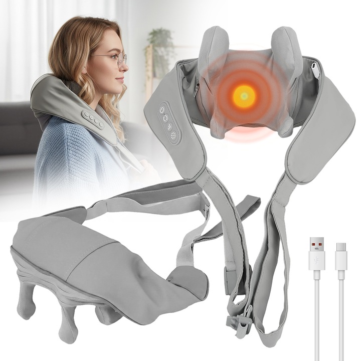 Aparat de masaj electric Masaj termic, Bedee®, Role din Silicon Incalzite ce Imita Masajul manual, Reduce Stresul si Oboseala, auto-off, Amelioreaza Durerile pentru Gat, Umeri, Picioare si Spate, Gri