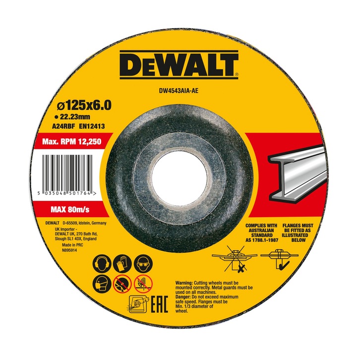Disc pentru șlefuire DeWALT 115x6x22mm, pentru oțel inoxidabil, 1 bucată