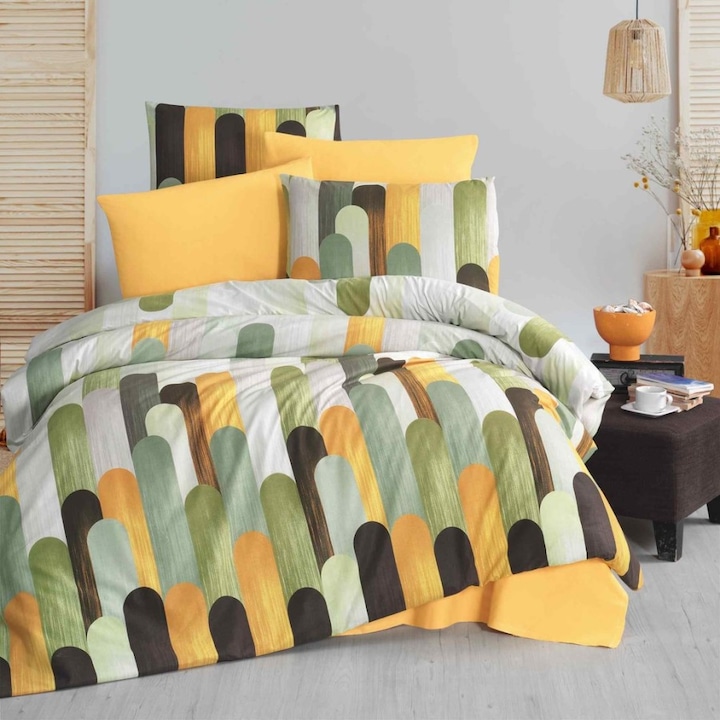 Husa pilota 220x240 cm + 2 fete perna 52x72 cm, bumbac satinat, set 3 piese, geometric verde