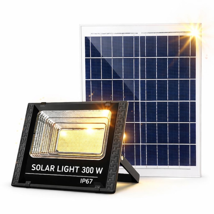 Proiector Solar LED Exterior 300W Profesional, cu Telecomanda, Senzor de Miscare si Aprindere Automata Noapte, Autonomie 12 Ore, Iluminare Intensa pentru Curti, Gradini, Parcari si Alei, IP67
