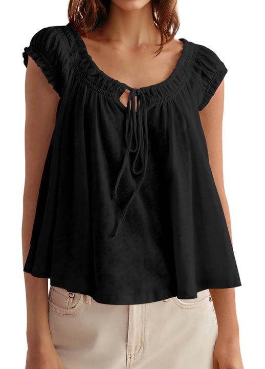 Bluza babydoll, pliuri cu maneca scurta si nasture frontal pentru femei de vara（10159）, Negru