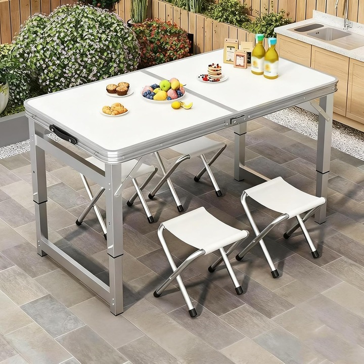 Hompany® Összecsukható Kempingasztal, Összecsukható, Multifunkcionális, Maximális Terhelhetőség: Kb. 70 Kg, 120 x 60 x 55-70 cm, Erkélyre, Kempingezéshez, Rendezvényekre, Vendéglátáshoz, Fehér