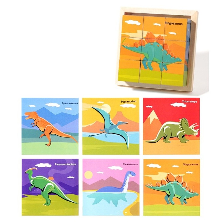 Fajáték puzzle, 9 kocka, 6 oldal, 4-6 év, 11 x 11 x 3.2 cm, Dinoszaurusz modell, Többszínű, Damur