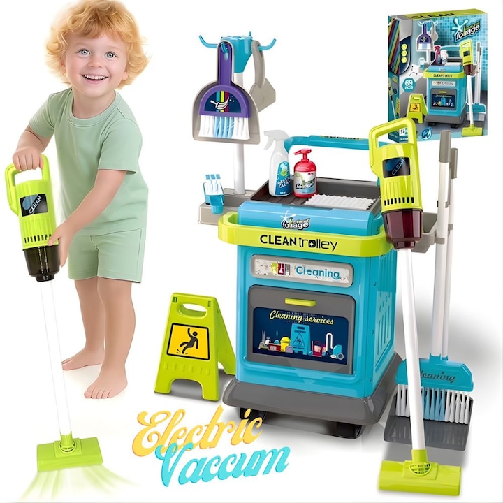 Комплект за игра Почистване KidProtect® Learn & Clean Kit, Електрическа прахосмукачка, Количка с колела, 40 аксесоара, Моп, Кърпа, Кофи, Пръскачка за вода, Метла и лопатка, С колела, Място за съхранение, 63 x 50 см