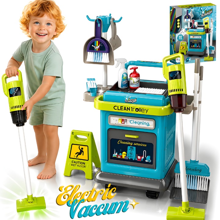 Set De Joaca Curatenie KidProtect® Learn & Clean Kit, Aspirator Electric, Carucior cu Roti, 40 De Accesorii, Mop, Laveta, Buete, Puf Cu Apa, Matura si Faras, Cu Roti, Spatiu Depozitare, 63 x 50 cm
