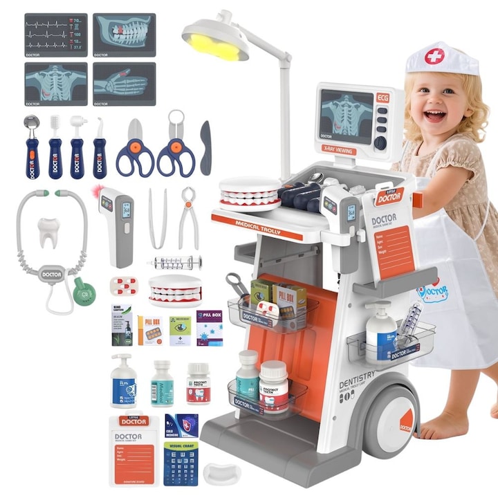 Set De Joaca Doctor Copii KidProtect® Doctor Pro Kids, Cu Carucior, 30 Accesorii, Dentist, Cu Sunete si Lumini, Monitor EKG cu Sunet, Lampa, Termometru cu Sunete, Foarfeca, Stetoscop cu Sunet