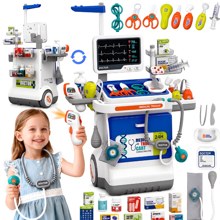 Set De Joaca Doctor Copii KidProtect® Doctor STEM Play, Cu Carucior, 32 Accesorii, Cu Sunete si Lumini, Monitor EKG cu Sunet, Lampa, Termometru cu Sunete, Foarfeca, Stetoscop cu Sunet