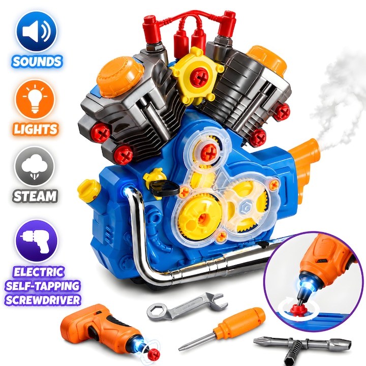 Set Reparatie Motor Auto Mecanic Copii Kidprotect® Engine Work, STEM, Cu Sunete si Lumini, Motor Detaliat, Piese si Accesorii, Suruburi si Piulite, Abur, Super Realist, Muzica, De Asamblat, 42 Accesorii, Albastru