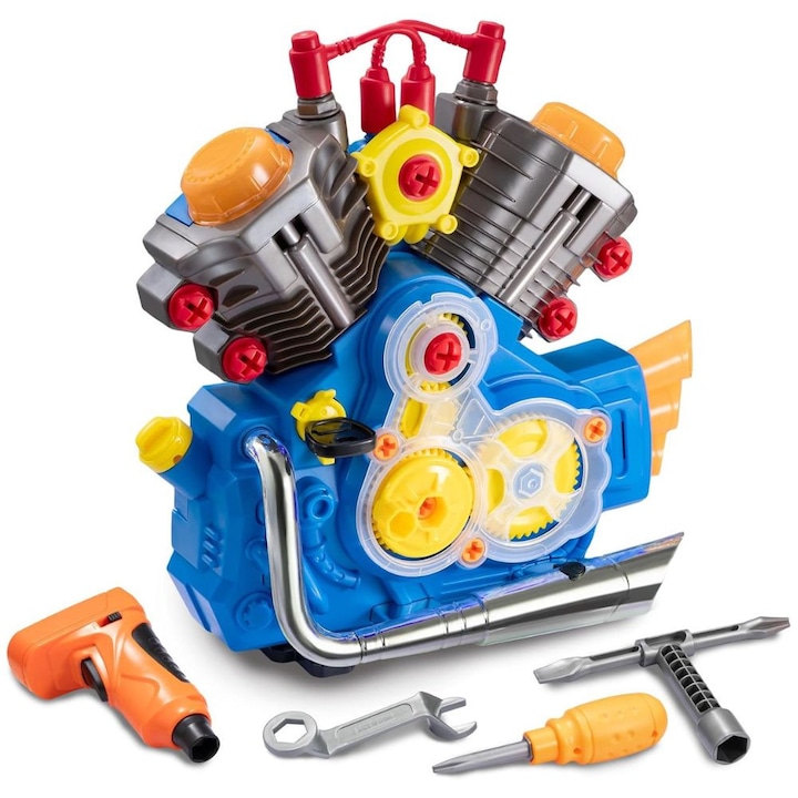 Комплект за ремонт на автомобилен двигател за деца Kidprotect® Engine Work, STEM, със звуци и светлини, детайлен двигател, части и аксесоари, винтове и гайки, пара, супер реалистичен, музика, за сглобяване, 42 аксесоара, син