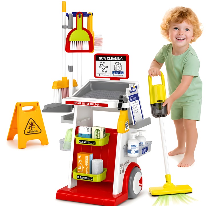 Set De Joaca Curatenie KidProtect® Shine Star, Aspirator Electric, Carucior cu Roti, 22 De Accesorii, Mop, Laveta, Buete, Puf Cu Apa, Matura si Faras, Cu Roti, Spatiu Depozitare, Diverse Accesorii