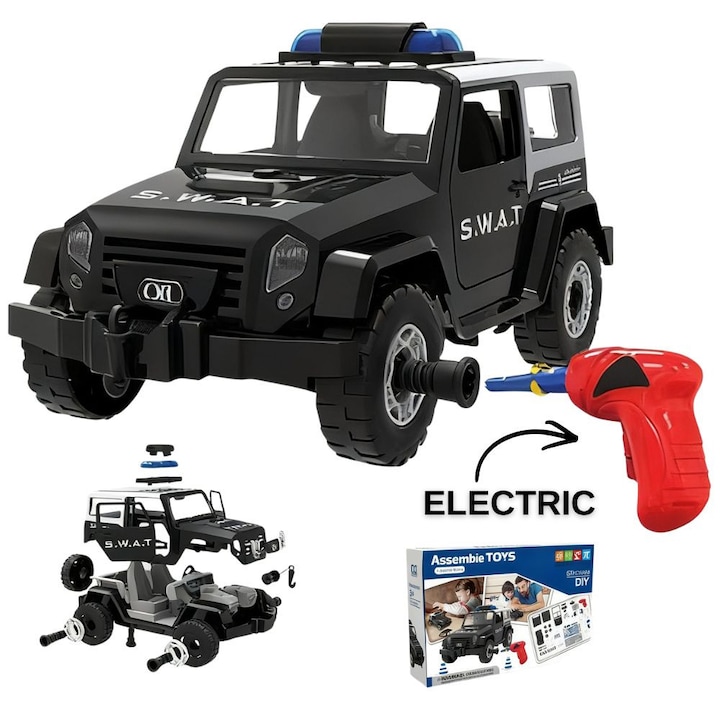 Masina 2 in 1 SWAT si Jeep de Construit si Asamblat De Jucarie Pentru Copii KidProtect® Build Me, STEM, Surubelnita Electrica, Constructie cu Suruburi si Piulite, Rosu