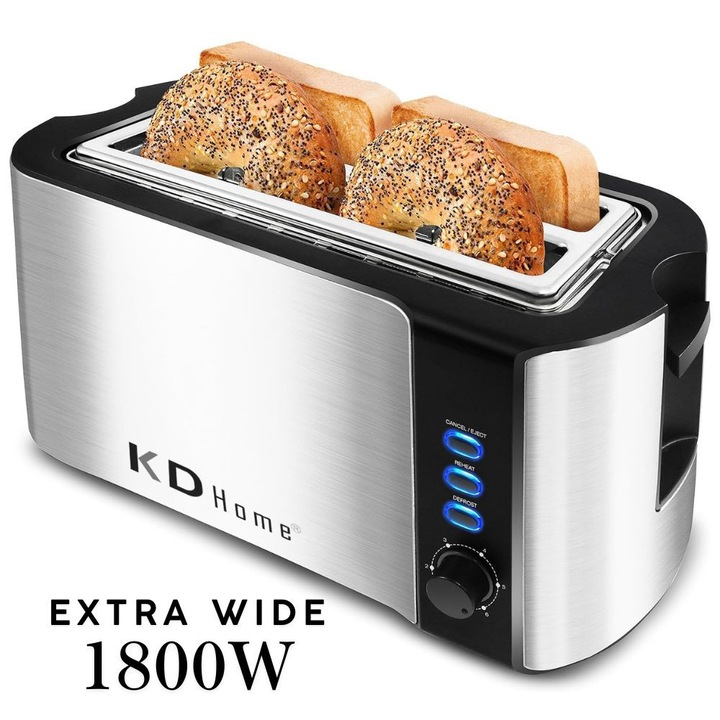 Prajitor de Paine 4 Felii Tip Toaster KD Home® ToastElite Quad, Sloturi Extra Late, 6 Trepte, Din Inox, Functie Defrost si Incalzire, Tava Frimituri, 1800 W, Argintiu