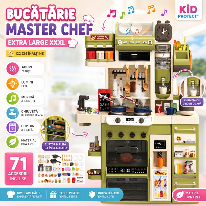 Bucatarie Multifunctionala Extra Large Copii KidProtect® Master Chef XXXL cu ABURI, Lumini, Muzica si Sunete Realiste, Chiuveta Circuit de Apa, Tabla Scris, Plita, Cuptor si Frigider, 71 Accesorii, BPA Free, Simulare Gatit, 122CM Inaltime, Cadou Fetite