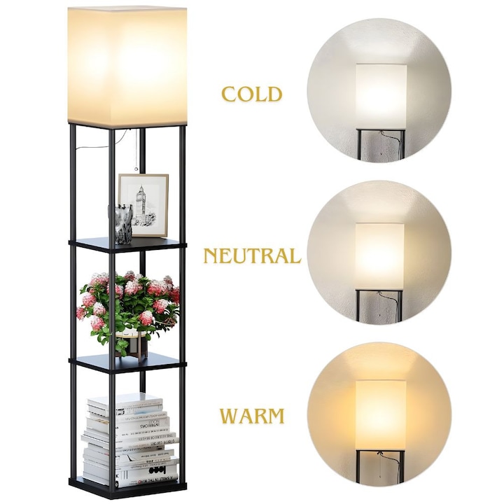 Lampadar Dreptunghiular KD Home® LumiEdge, Lampa de Podea cu Rafturi, Pentru Living si Dormitor, 3 Culori Lumina, 800 Lumeni, 160 x 26 x 26 cm, Cablu 3m, Negru