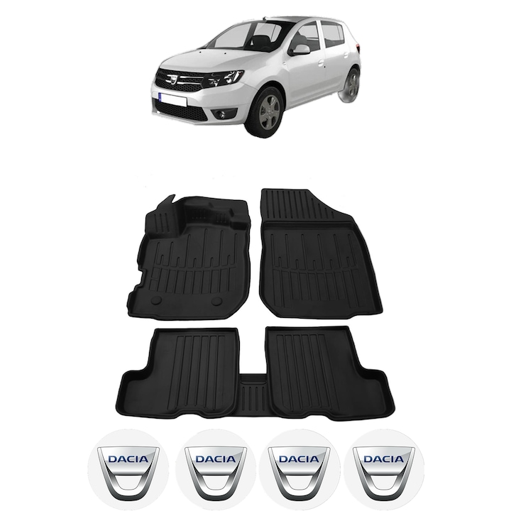 Set covorase presuri DACIA SANDERO STEPWAY II din 2012-2020, auto, CRI-FLO, din cauciuc thermoplastic, 4 Stickere auto cu DACIA