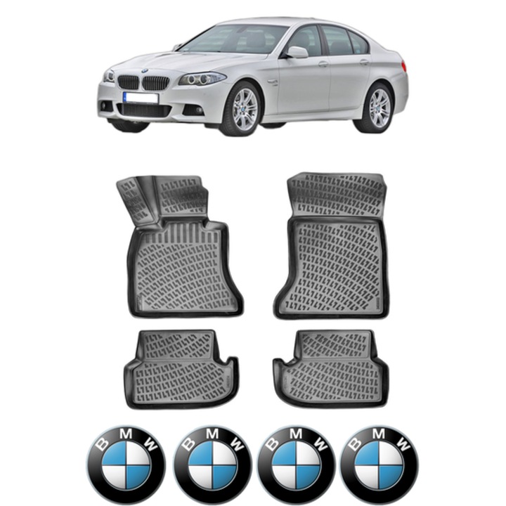 Set covorase presuri BMW Seria 5 VI F10 FACELIFT din 2013-2017, auto, CRI-FLO, din cauciuc thermoplastic, 4 Stickere auto cu BMW Seria
