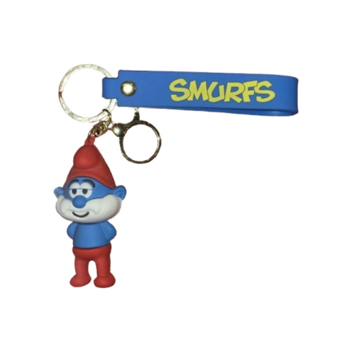 Kulcstartó Hupikék törpikék és Törpapa VICTINY, 7 cm, kék/piros, szilikon