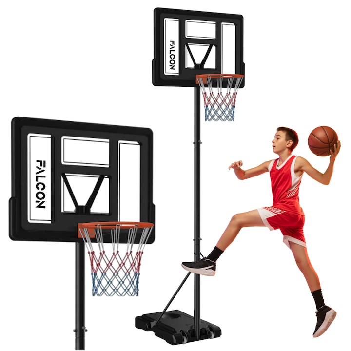 Cos de baschet pentru copii, FALCON, JUNIOR 2, cos de sine statator reglabil 1,6–2,1 m, panou 81×58 cm, baza stabila umplere cu apa sau nisip, roti transport, cerc cu arc si plasa, ideal pentru gradina, scoala si sala, negru
