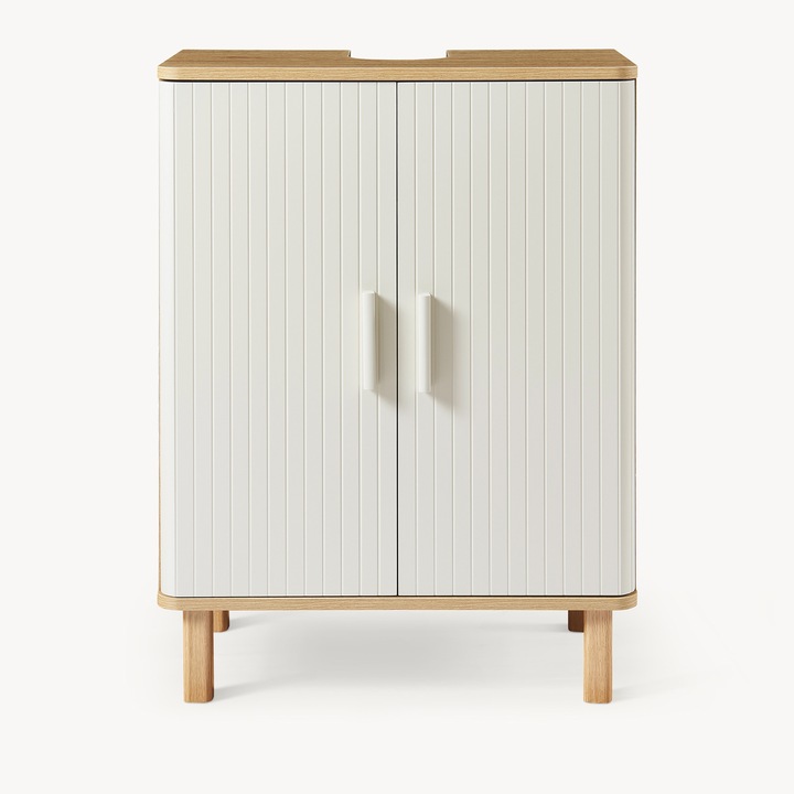 Dulap baie sub chiuveta, en.casa, Ferrersp, 80 x 60 x 35 cm, mdf, lemn, efect stejar, oatmeal, natur, cu 2 usi