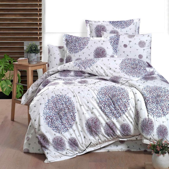 Husă pilotă 220x240 cm + 2 fețe de pernă 52x72 cm, bumbac satinat, mov, set 3 piese