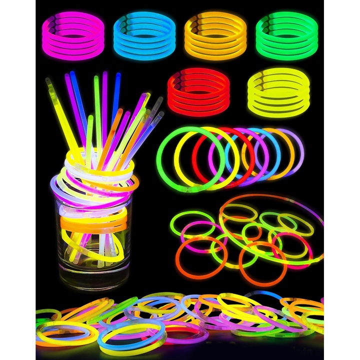 100 Bratari Fosforescente Stralucitoare, 7 Culori, Seturi de Lanturi de Betisoare Luminoase Neon pentru Decorare Halloween, Decorare pentru Petreceri, Festivaluri, Nunti, Craciun