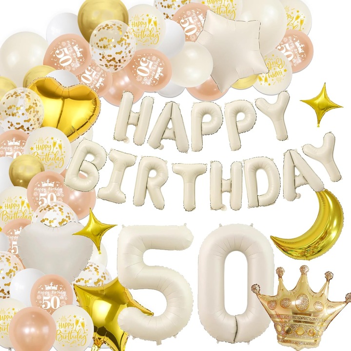 Decoratiuni aniversare 50 ani, set baloane aniversare alb auriu, baloane cifra 50, Happy Birthday, set complet petrecere