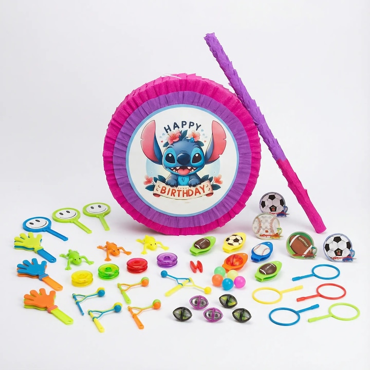 Pinata Stitch cu bat si 50 jucarii Set complet petrecere copii zi de nastere