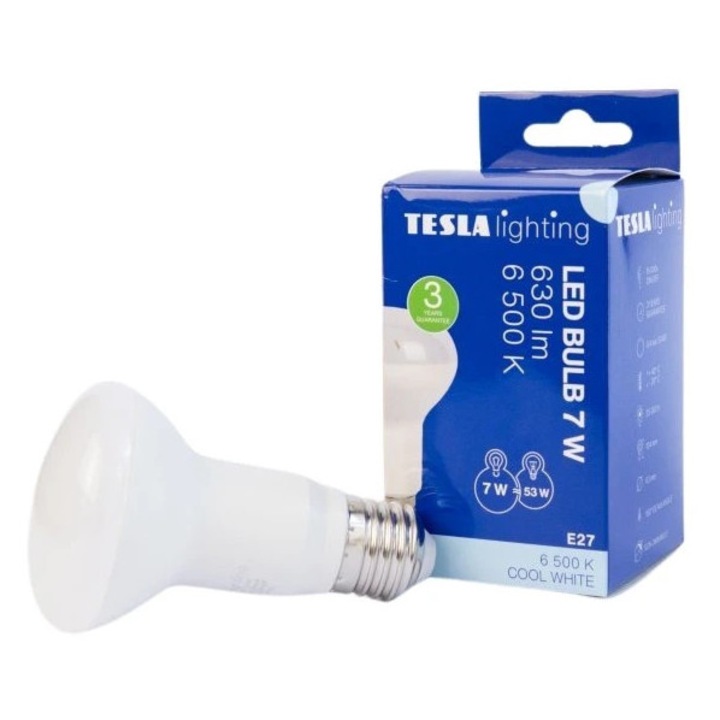Bec LED, TESLA, reflector R63 alb rece 6500K, E27, 7W, 630lm, 25.000h