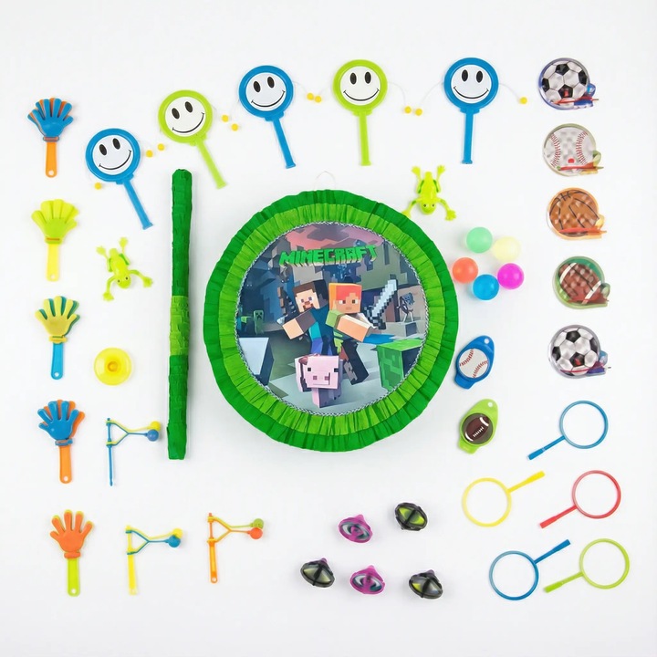 Piñata Minecraft cu Bat si 50 Jucarii – Set Complet pentru Petreceri Copii, Aniversari si Evenimente Tematice