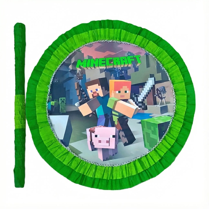 Piniata Minecraft rotunda 35 cm – Petrecere copii – Handmade – Cu bat inclus