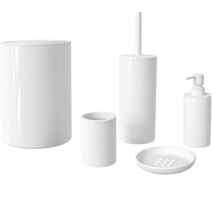 Set accesorii 5 piese pentru baie Lucy A218001WW, pahar, sapuniera, dozator, suport pentru periuta de dinti, cos de gunoi termoplastic 6 l, Alb
