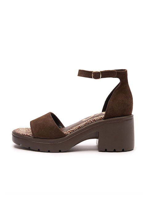 RYŁKO, Sandale din piele intoarsa cu toc masiv, Maro inchis