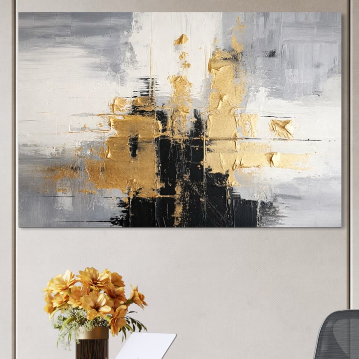 Tablou Canvas Premium, LuxCanva® C1292, Aurul care tine lumea, 40 X 60 CM, Panza Bumbac 100% 400g/m2, Sasiu, Lemn, Geometrie, Culori, Abstract, Auriu, Gri, Negru, Linii, Straturi, Arhitectura, Ax, Rugaciune, Sacral, Decoratiune, Birou, Living, Dormitor