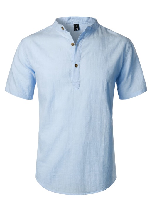 Férfi Henley ing, LucMatton, alkalmi, kék, pamut-len, rövid ujjú, S INTL