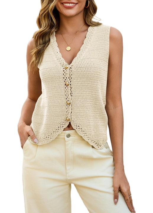 Vesta tricotata femei, Imily Bela, cropped, fara maini, guler V, bej, marime S INTL