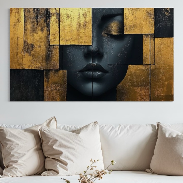 Tablou Canvas Premium, LuxCanva® C1295, Femeia ca templu, 75 X 130 CM, Panza Bumbac 100% 400g/m2, Sasiu, Lemn, Abstract, Portret, Aur, Negru, Femeie, Tacere, Liniste, Placi, Geometrie, Chip, Calm, Ochi, Suflet, Rafinat, Birou, Living, Dormitor