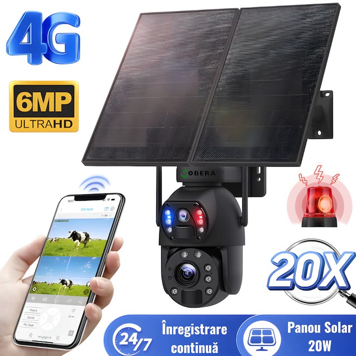 Cameră de supraveghere solară goBERA Dual Lens 3MP + 3MP, Zoom 20X, 4G, IP66