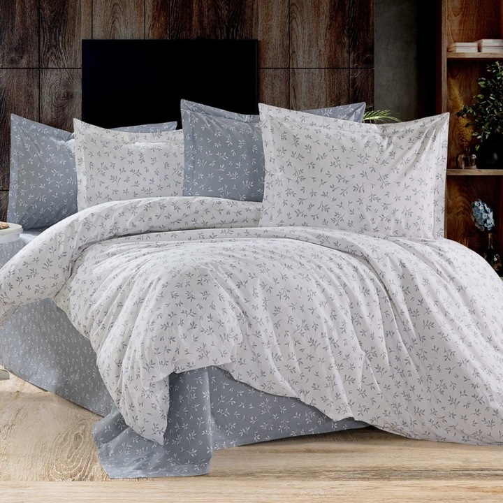 Paplanhuzat 220x240 cm + 2 párnahuzat 52x72 cm, szatén pamut, szürke-fehér, 3 részes szett