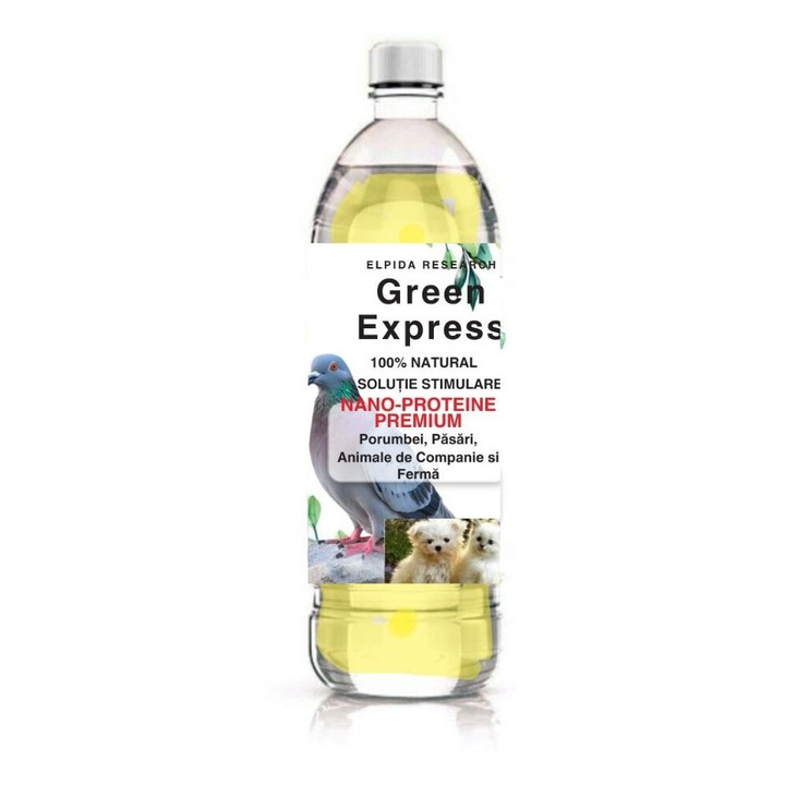 Supliment nutritiv Green Express, Solutie Stimulare Nano-Proteine Premium, 0.1 l, Culoare galben-maro deschis, pentru Porumbei, Pasari, Animale de Companie, Ferma