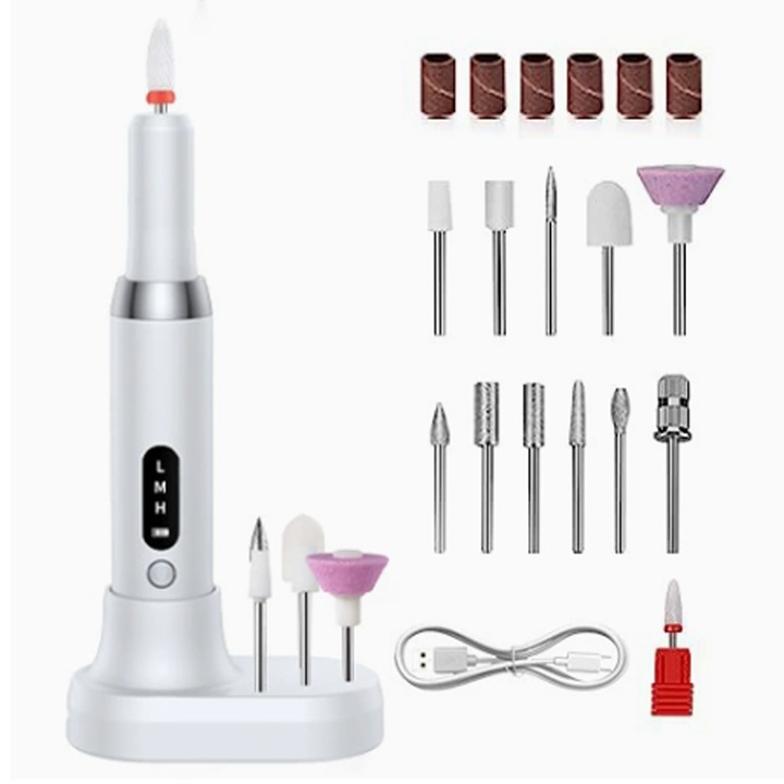 Freza Unghii Electrica Wireless IDAMAKON cu 10 Bit Pentru Unghii si 6 Banda Abraziva 15000RPM Display LED Reincarcabil Pentru Gel Unghii Acrilice Taiere lustruire si Pedichiura Design Ergonomic Alb
