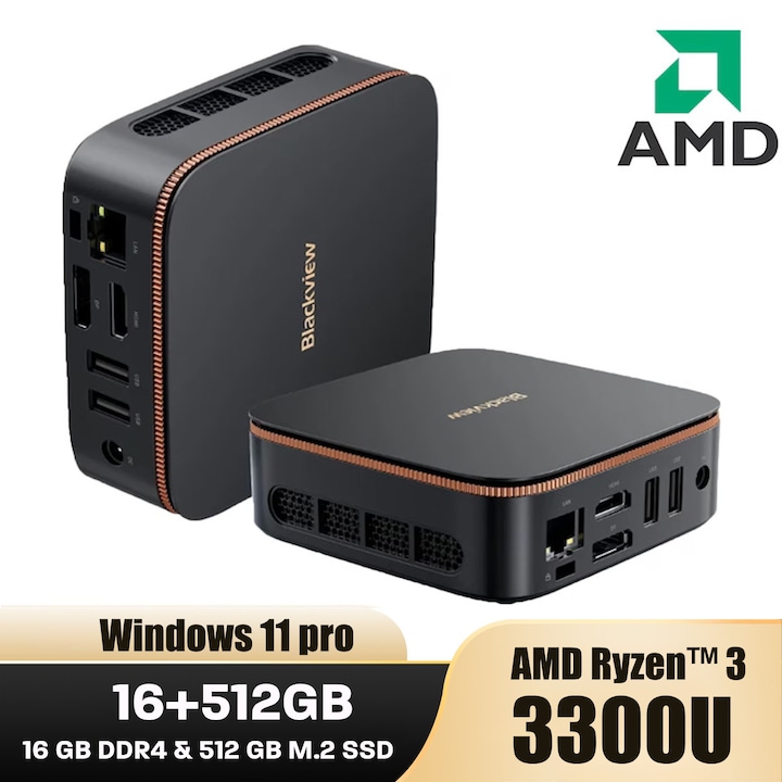 Мини компютър Blackview MP20 AMD Ryzen 3 3300U (до 3,5GHz), 16GB+512GB M.2 SSD Мини десктоп, Win11 Pro, WiFi5/BT4.2/USB*4/HDMI+DP Двоен дисплей 4K@60Hz UHD/VESA за десктоп/МФУ