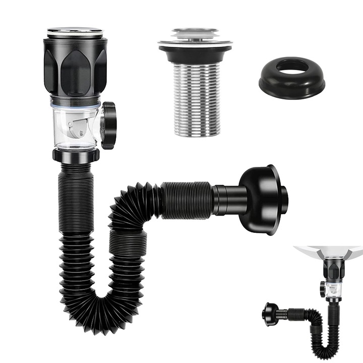 Комплект сифон за мивка, Chooly, гъвкав маркуч, изскачащ клапан, черен, 25x22x7см