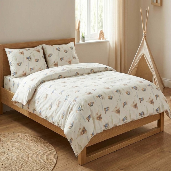 Krém színű paplanhuzat macikkal és 2 párnahuzattal, pamutszatén, 220x240cm + 52x72cm, 3 részes