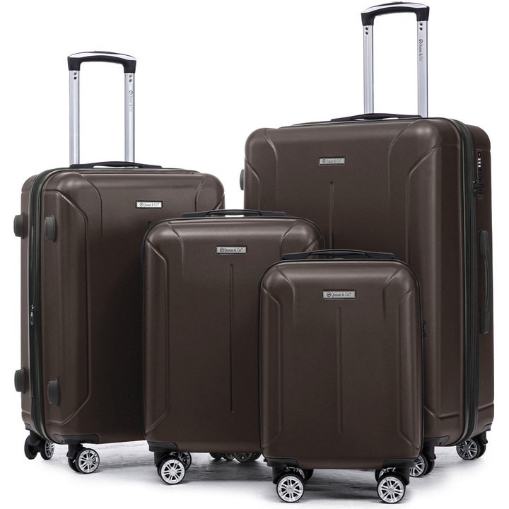 Комплект от 3 куфари Quasar & Co. модел SMART, S/M/L, Багаж за чекиране, Куфари с защитен цип, багаж с код, Телескопична дръжка, Багаж с код, Куфари с 4 безшумни двойни колелца 360°, ABS, Кафяв
