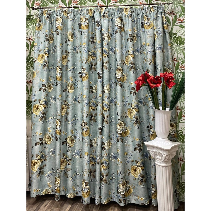Set doua draperii cu rejansa, culoare bleu/galben, colectia "Bucurie florala" by Liz Line, 2x200x245cm - SD0242