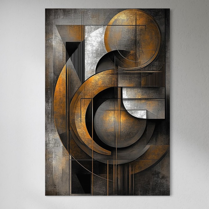 Tablou Canvas Premium, LuxCanva® C1298, Cercul care tine lumea, 70 X 100 CM, Panza Bumbac 100% 400g/m2, Sasiu, Lemn, Abstract, Auriu, Negru, Gri, Geometrie, Respiratie, Echilibru, Gravitatie, Ritual, Calm, Stabilitate, Materie, Birou, Living, Dormitor