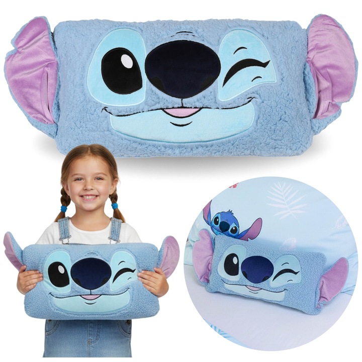 Perna decorativa Stitch 3D, 27x45 cm, albastru, material Sherpa, set pentru copii